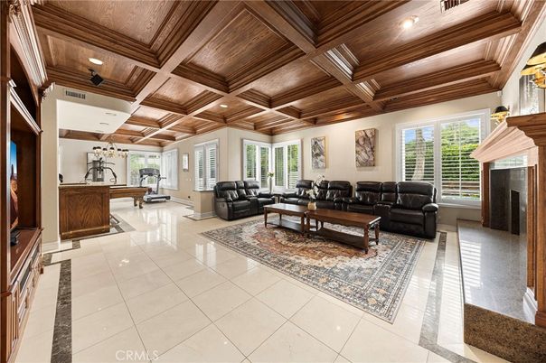Fireplace, Interior, Living room, Recessed Lighting, Wooden Beams, Wooden Ceilings