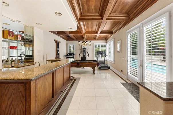 Billiard Table, Chandelier, Fitness Equipment, Game Room, Interior, Recessed Lighting, Wooden Ceilings
