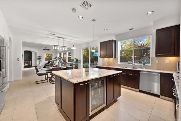 Dining room, Fireplace, Interior, Kitchen, Living room, Pendant Lights, Recessed Lighting, Stainless Steel Appliances