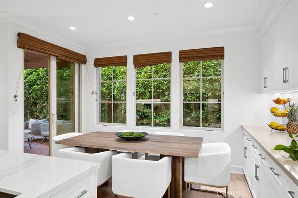 Dining room, Interior, Recessed Lighting, Wood Texture Flooring
