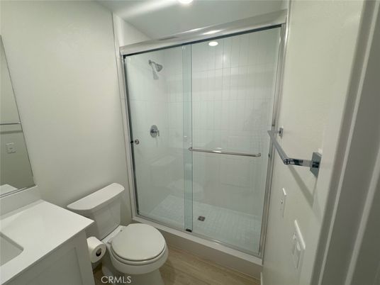 Bathroom, Glass Shower, Interior, Recessed Lighting, Wood Texture Flooring