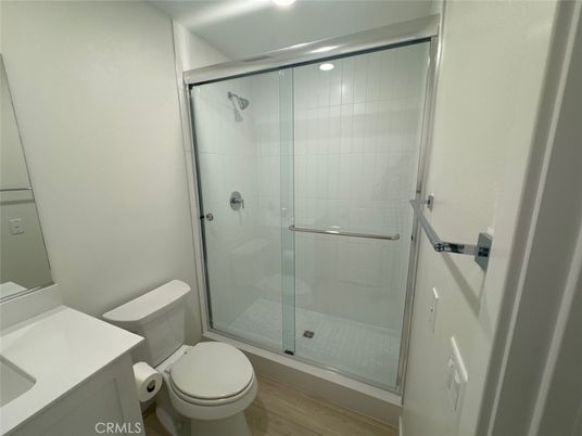 Bathroom, Glass Shower, Interior, Recessed Lighting, Wood Texture Flooring