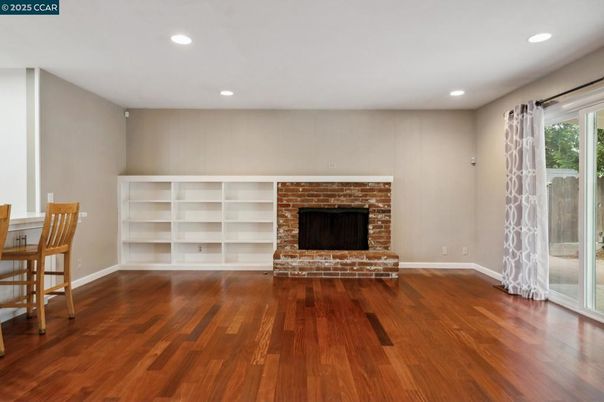 Fireplace, Interior, Recessed Lighting, Stone Walls, Wood Texture Flooring