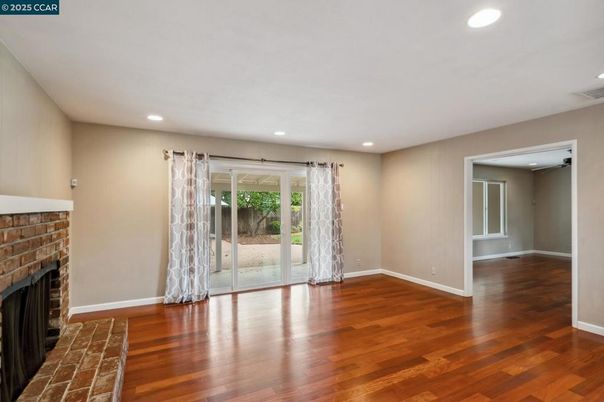 Empty room, Fireplace, Interior, Recessed Lighting, Wood Texture Flooring