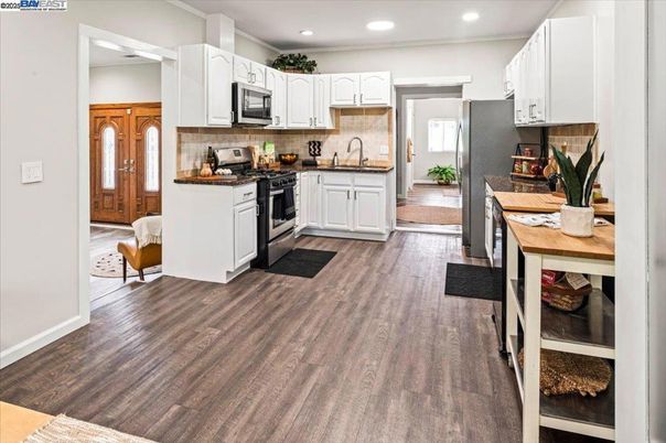 Interior, Kitchen, Recessed Lighting, Stainless Steel Appliances, Wood Texture Flooring