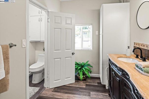 Bathroom, Interior, Tile Countertops, Wood Texture Flooring