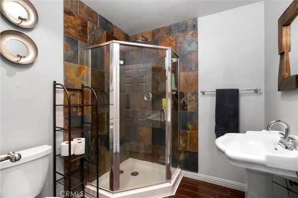 Bathroom, Glass Shower, Interior, Wood Texture Flooring