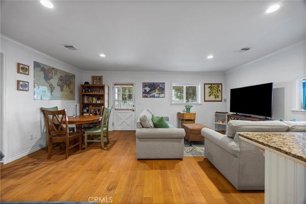 Dining room, Interior, Living room, Recessed Lighting, Wood Texture Flooring