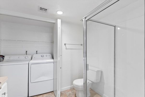 Bathroom, Glass Shower, Interior, Recessed Lighting, Utility Closets, Washer