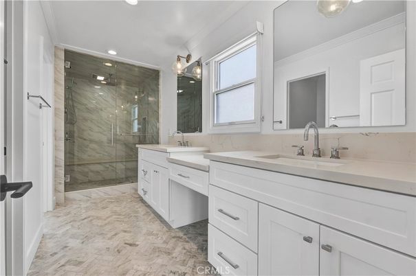 Bathroom, Dual Sink Vanities, Glass Shower, Interior, Marble Walls, Recessed Lighting