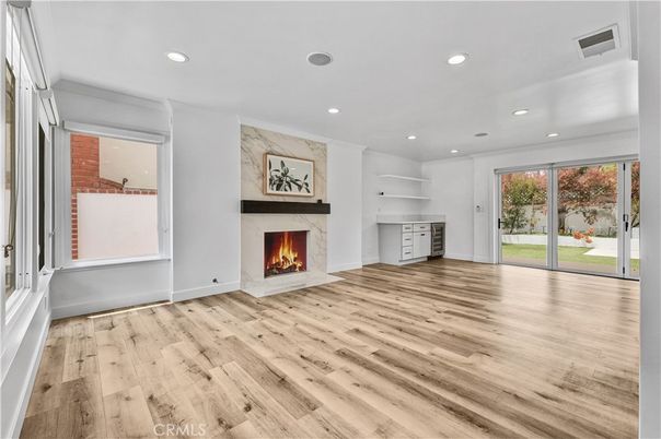 Empty room, Fireplace, Interior, Recessed Lighting, Wood Texture Flooring