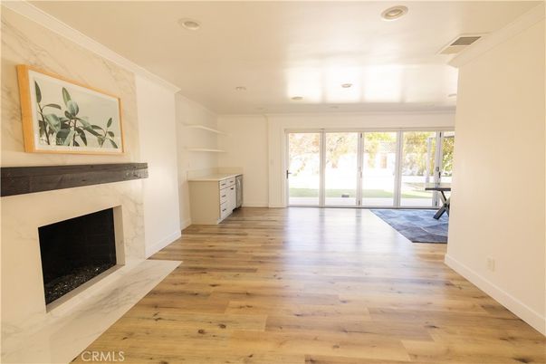 Empty room, Fireplace, Interior, Recessed Lighting, Wood Texture Flooring