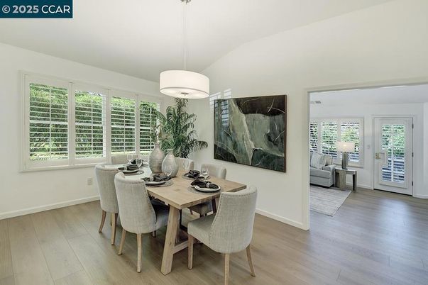 Dining room, Interior, Pendant Lights, Wood Texture Flooring