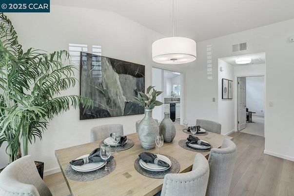 Dining room, Interior, Pendant Lights, Wood Texture Flooring