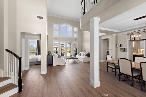 Dining room, Interior, Living room, Pendant Lights, Wood Texture Flooring
