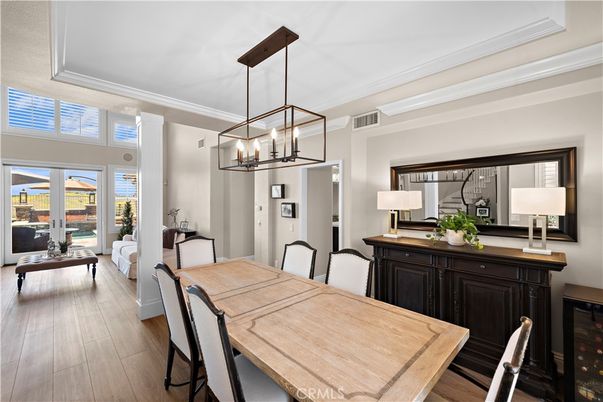 Dining room, Interior, Pendant Lights, Wood Texture Flooring