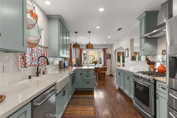 Interior, Kitchen, Pendant Lights, Recessed Lighting, Stainless Steel Appliances, Wood Texture Flooring