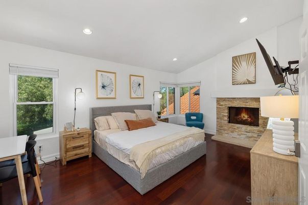 Bedroom, Fireplace, Interior, Recessed Lighting, Wood Texture Flooring