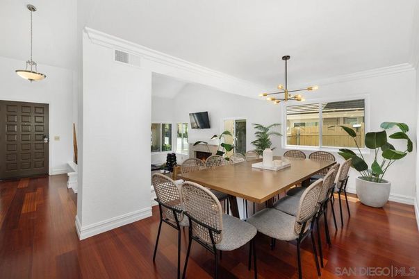 Dining room, Interior, Pendant Lights, Wood Texture Flooring