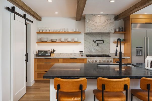 Interior, Kitchen, Marble Walls, Recessed Lighting, Stainless Steel Appliances, Wooden Beams, Wood Texture Flooring