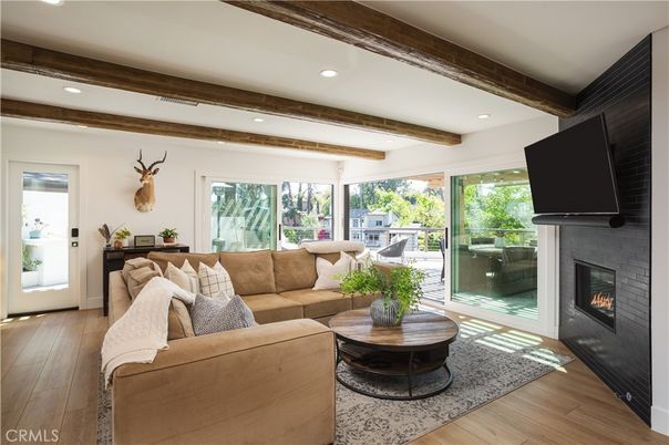 Fireplace, Interior, Living room, Recessed Lighting, Wooden Beams, Wood Texture Flooring