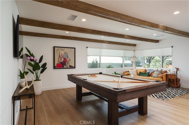 Billiard Table, Game Room, Interior, Recessed Lighting, Wooden Beams, Wood Texture Flooring