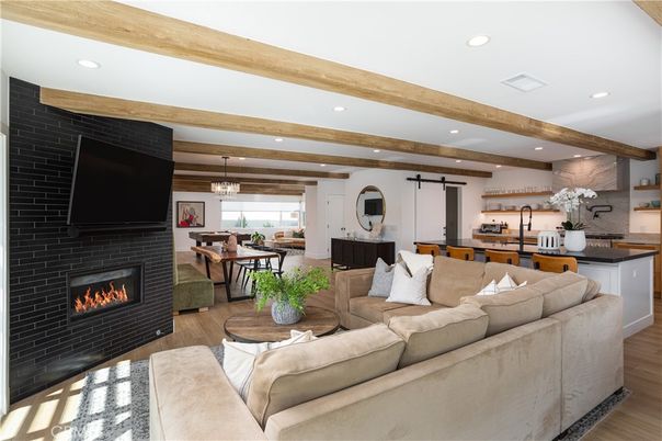 Dining room, Fireplace, Interior, Kitchen, Living room, Pendant Lights, Recessed Lighting, Wooden Beams, Wood Texture Flooring