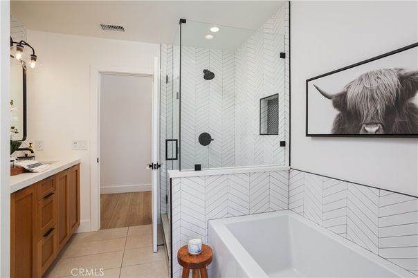 Bathroom, Glass Shower, Interior, Recessed Lighting, Wood Texture Flooring