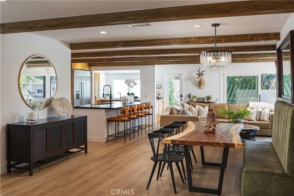 Chandelier, Dining room, Interior, Kitchen, Living room, Pendant Lights, Recessed Lighting, Wooden Beams, Wood Texture Flooring