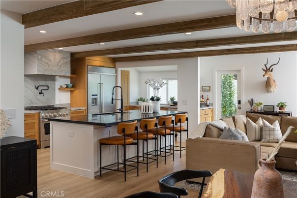 Chandelier, Interior, Kitchen, Recessed Lighting, Stainless Steel Appliances, Wooden Beams, Wood Texture Flooring