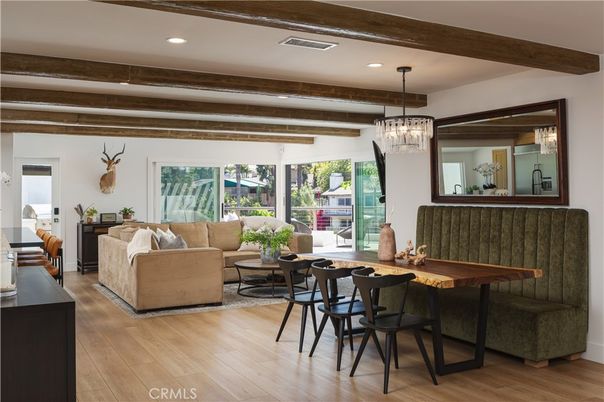 Chandelier, Dining room, Interior, Living room, Recessed Lighting, Wooden Beams, Wood Texture Flooring