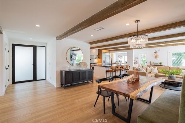Chandelier, Dining room, Interior, Living room, Recessed Lighting, Wooden Beams, Wood Texture Flooring