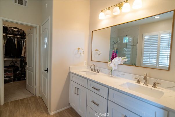 Bathroom, Dual Sink Vanities, Glass Shower, Interior, Wood Texture Flooring