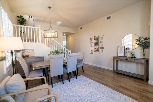 Dining room, Interior, Pendant Lights, Wood Texture Flooring