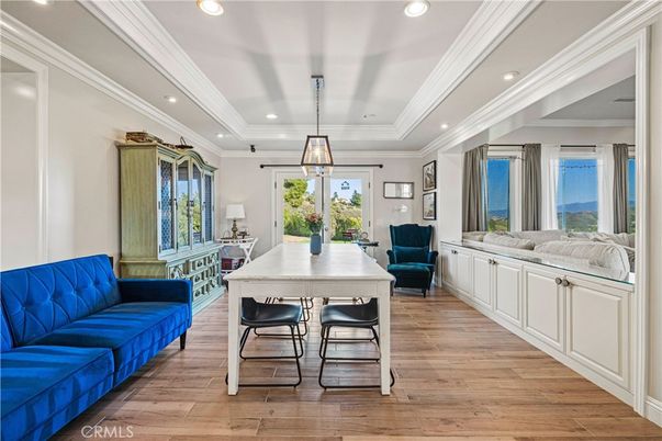 Dining room, Interior, Pendant Lights, Recessed Lighting, Wood Texture Flooring