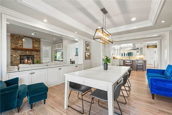Fireplace, Interior, Kitchen, Pendant Lights, Recessed Lighting, Stone Walls, Wood Texture Flooring