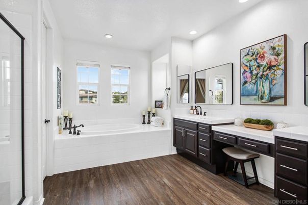 Bathroom, Dual Sink Vanities, Interior, Recessed Lighting, Wood Texture Flooring