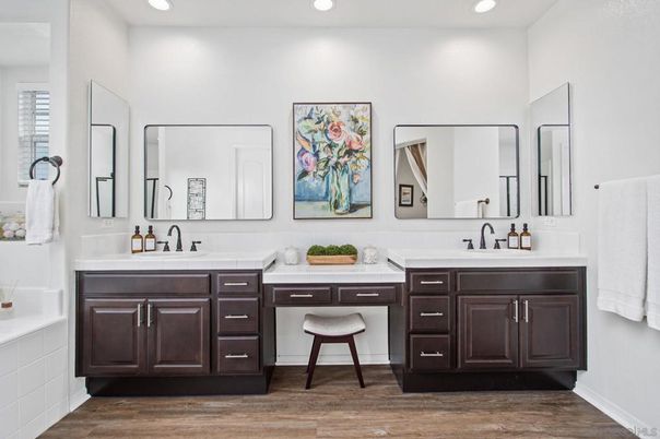 Bathroom, Dual Sink Vanities, Interior, Recessed Lighting, Wood Texture Flooring