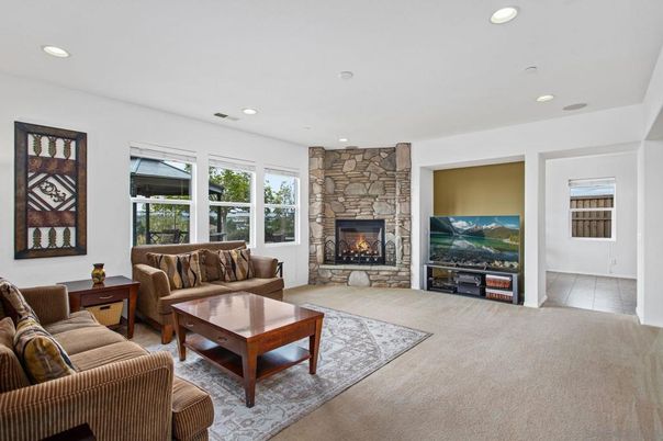 Fireplace, Interior, Living room, Recessed Lighting, Stone Walls