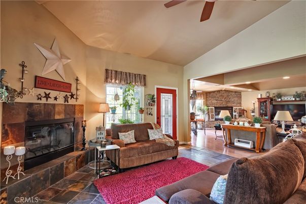 Fireplace, Interior, Living room, Recessed Lighting, Stone Walls