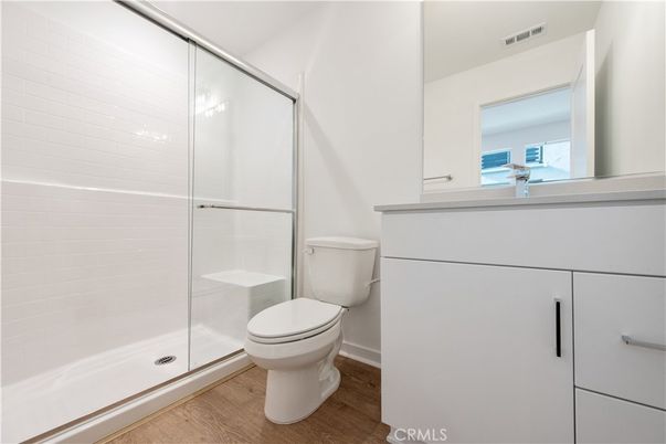 Bathroom, Glass Shower, Interior, Wood Texture Flooring