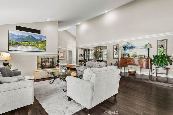 Fireplace, Home Office, Interior, Living room, Recessed Lighting, Wood Texture Flooring
