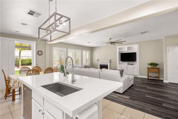 Dining room, Fireplace, Interior, Kitchen, Living room, Pendant Lights, Recessed Lighting, Wood Texture Flooring