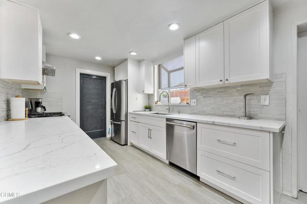 Interior, Kitchen, Recessed Lighting, Stainless Steel Appliances, Wood Texture Flooring