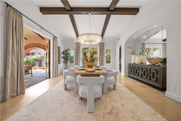 Chandelier, Dining room, Interior, Recessed Lighting, Wooden Beams