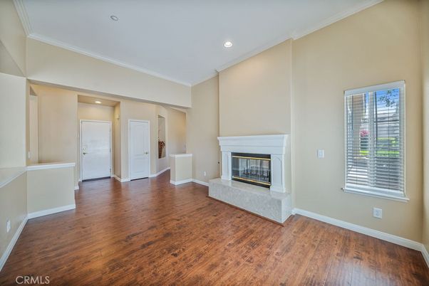 Empty room, Fireplace, Interior, Recessed Lighting, Wood Texture Flooring