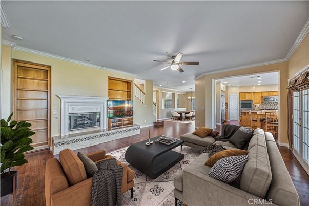 Dining room, Fireplace, Interior, Kitchen, Living room, Pendant Lights, Recessed Lighting, Wood Texture Flooring