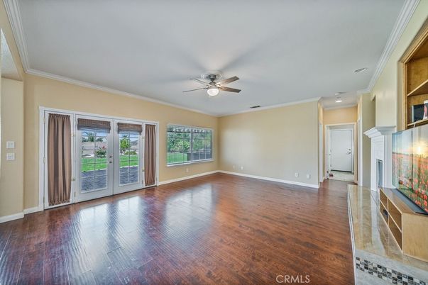Empty room, Fireplace, Interior, Recessed Lighting, Wood Texture Flooring