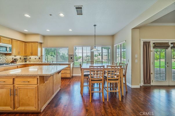 Dining room, Interior, Kitchen, Pendant Lights, Recessed Lighting, Wood Texture Flooring