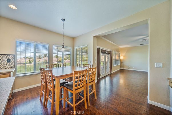 Dining room, Interior, Pendant Lights, Recessed Lighting, Wood Texture Flooring